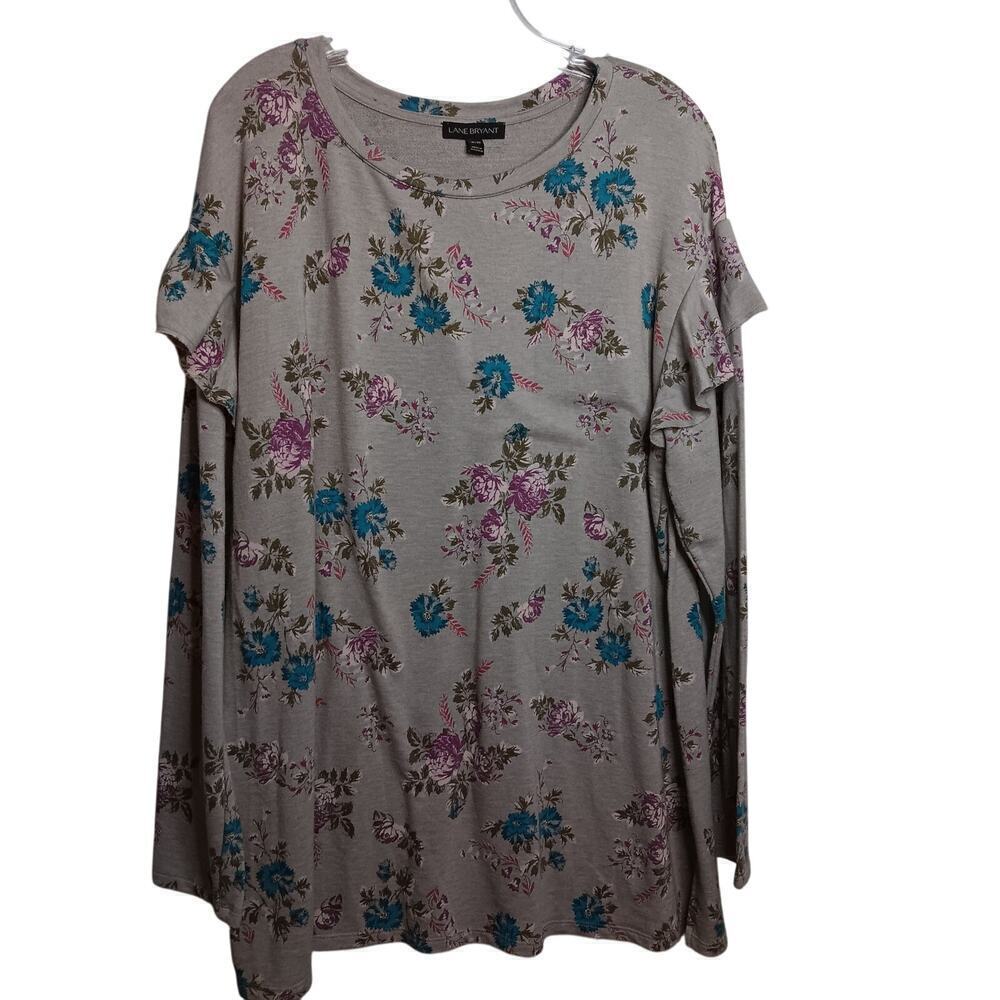 EUC Lane Bryant Gray Floral Long Sleeve Rounded Neck Top Size 18/20